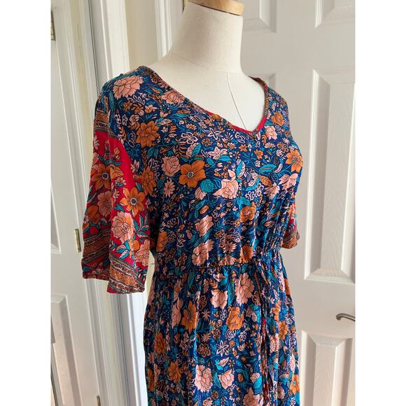 Pretty Garden Multicolor Floral Short Sleeve Cinch Waist Lightweight Maxi Dress - Picture 4 of 11